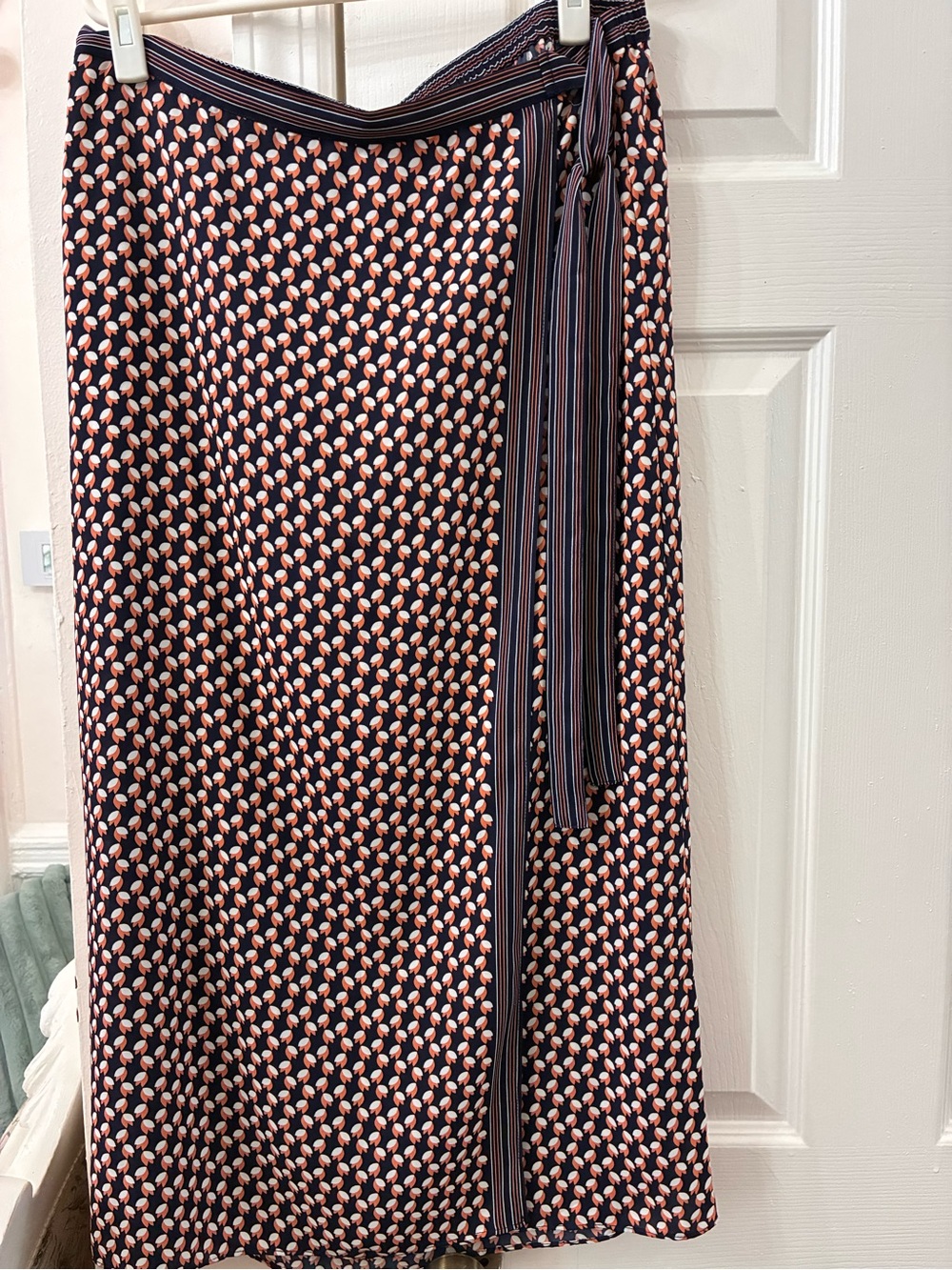 Max Studio Navy and Pink Patterned Midi Wrap Skirt with Side Tie - Picture 2 of 6